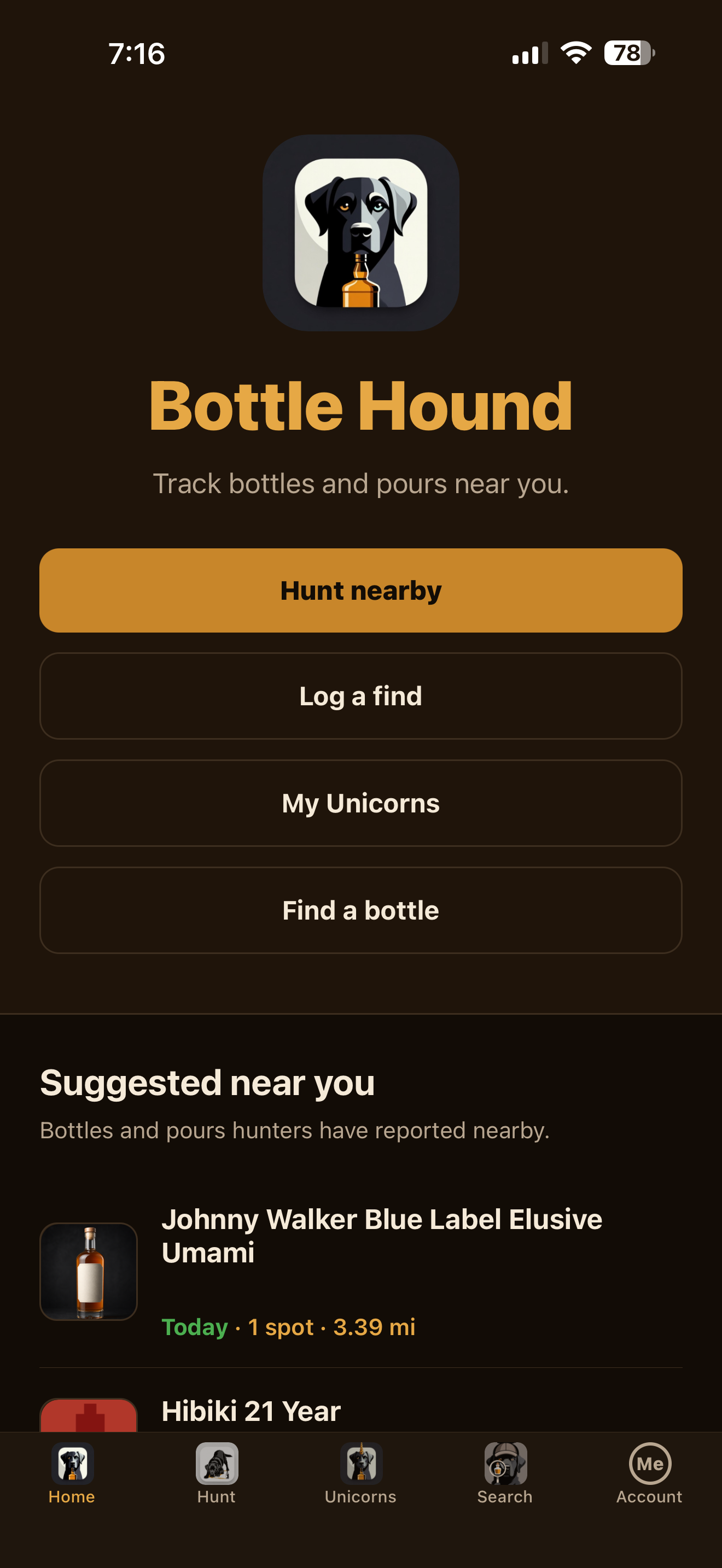 Bottle Hound Home screen with nearby whiskey suggestions