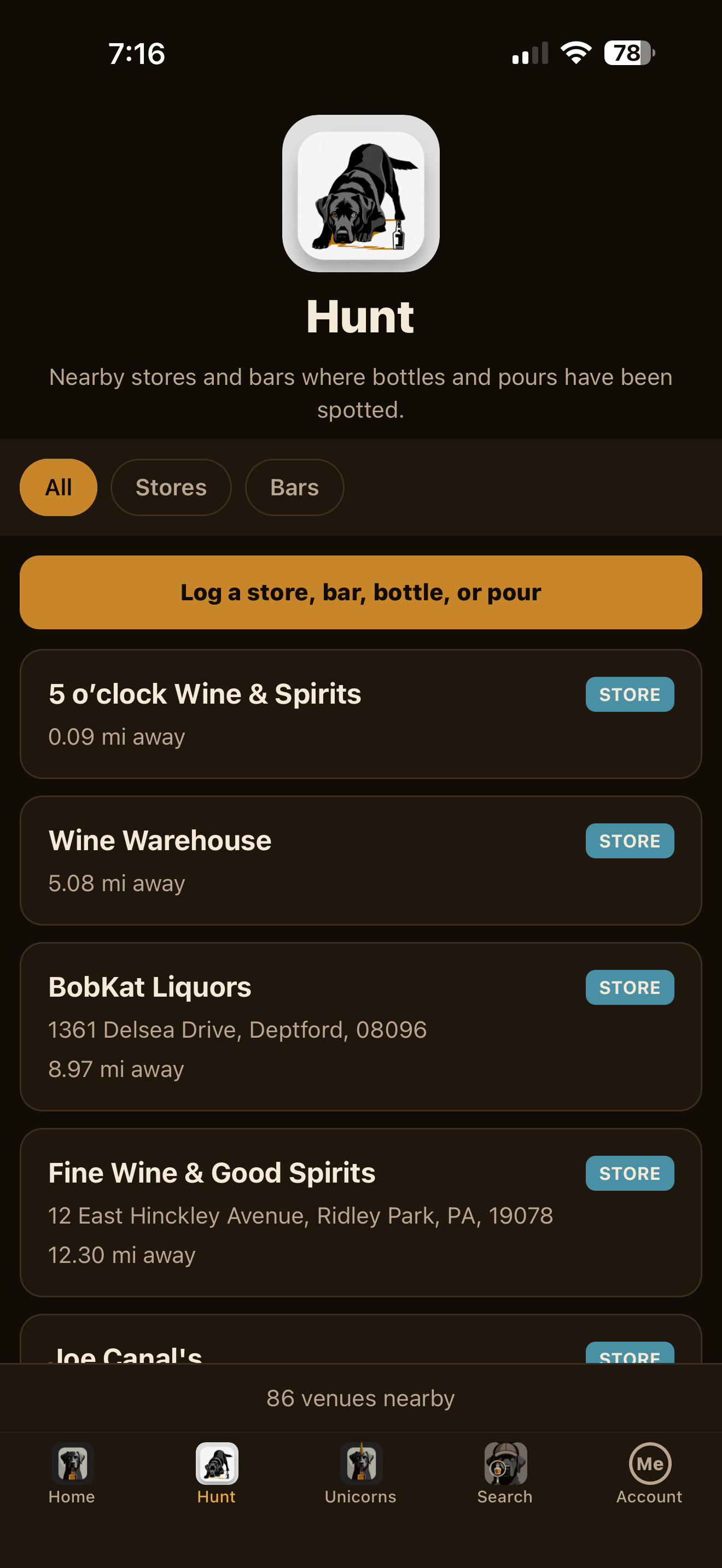 Hunt screen showing nearby liquor stores and bars