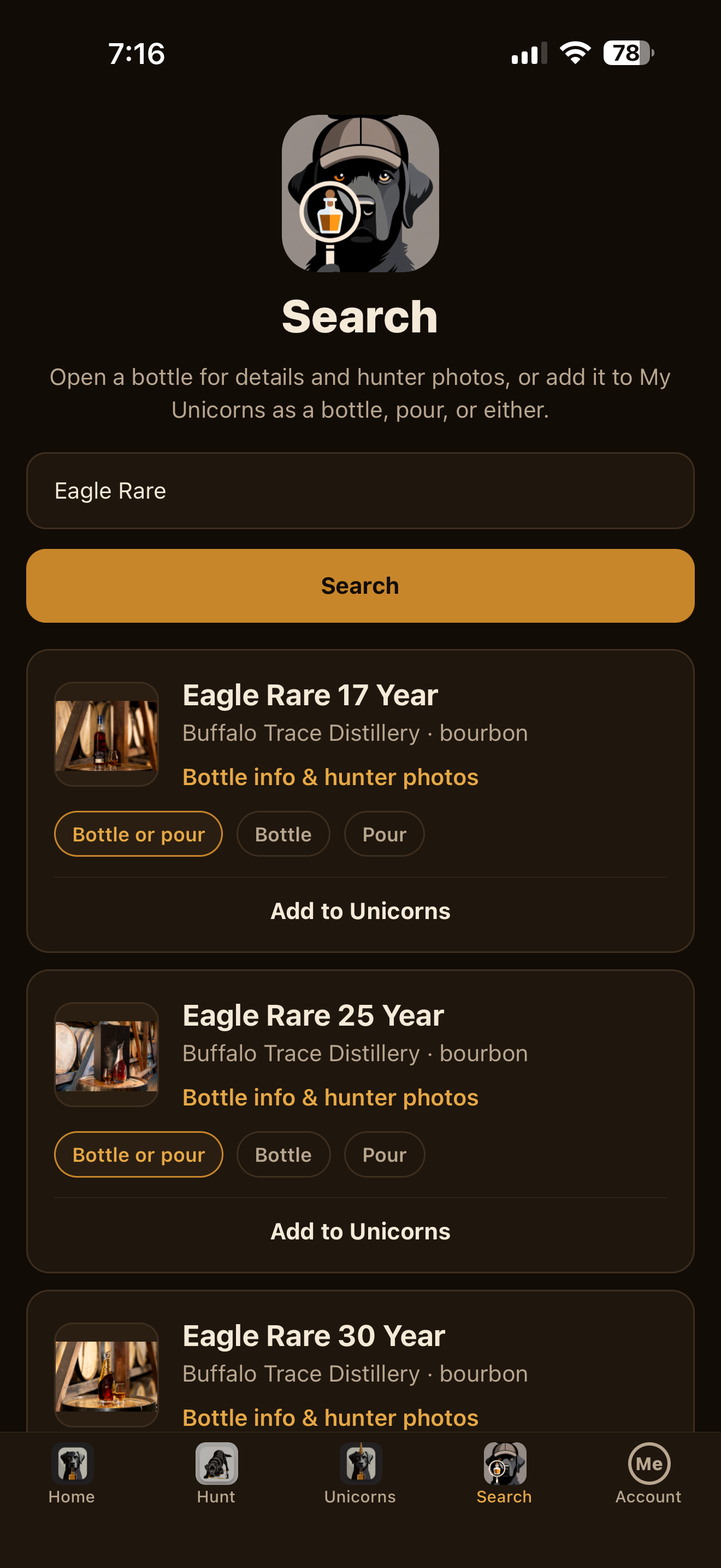 Search catalog and add bottles to Unicorns