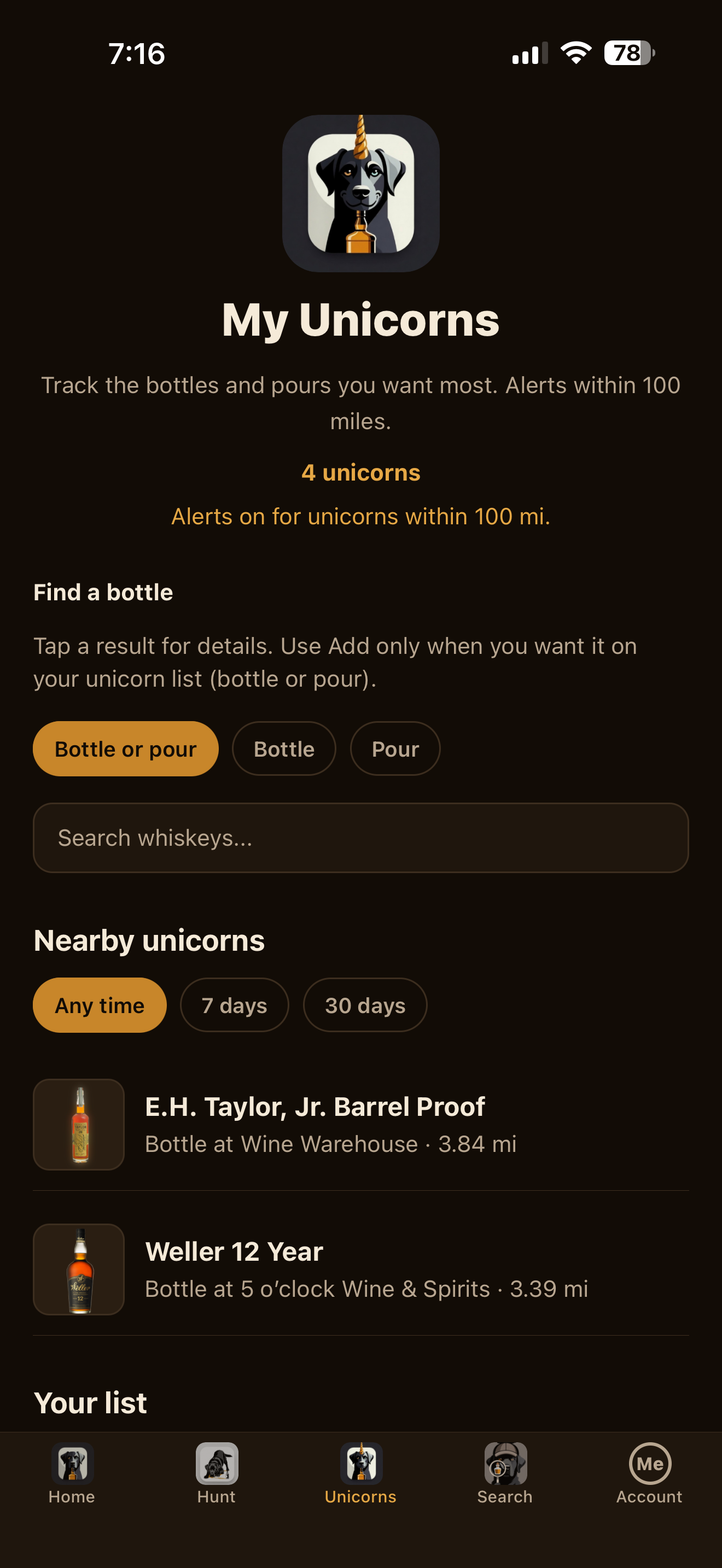 My Unicorns wishlist and nearby unicorn matches